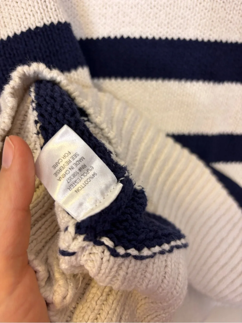 Evereve Cream & Navy Striped Cotton Cable Crew Pullover Sweater Large